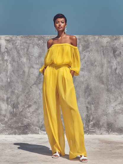 Women’s Bright Yellow Crinkled Chiffon Off Shoulder Bubble Three Quarter Sleeve Self Tie Waist Wide Leg Pants Two Piece Vacation Set MDZ0683G6YZJ