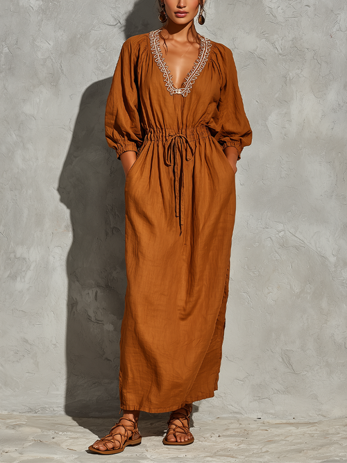 Women’s Rust Linen Blend White Contrast Embroidery V Neck Bubble Cuff Sleeve Drawstring Waist Midi Maxi Dress With Side Pockets MDZ0609G1YZJ