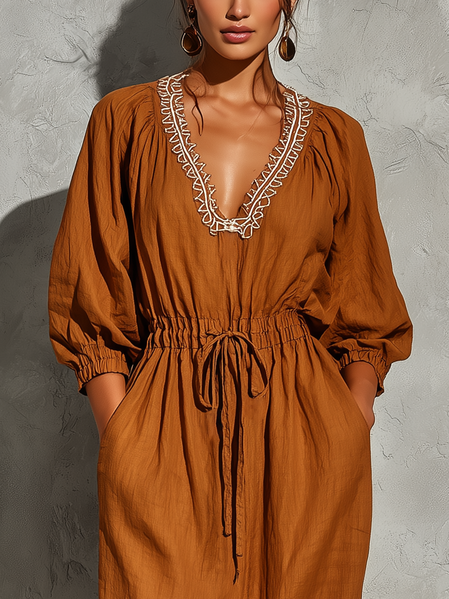 Women’s Rust Linen Blend White Contrast Embroidery V Neck Bubble Cuff Sleeve Drawstring Waist Midi Maxi Dress With Side Pockets MDZ0609G1YZJ