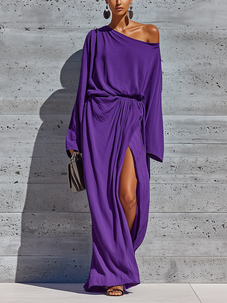 Women’s Elegant Deep Purple Cotton Blend Asym Cold Shoulder Batwing Sleeve Ruched Waist Wrap Over Split Maxi Party Dress MDZ0645G9YZJ