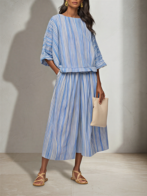 Women's Blue White Vertical Stripe Cotton Blend Two-Piece Set With Boat Neck Batwing Sleeve Top & Elastic Waist Midi Pants, Minimalist Summer Resort Matching Outfit MDZ0695G4LYL