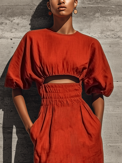Women’s Rust Linen Blend Round Neck Puff Short Sleeve Midriff Cutout Smocked Waist Side Pocket Midi Dress MDZ0678G9YZJ