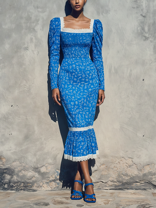 Women’s Bright Blue Ditsy Floral Square White Lace Trim Puff Long Sleeve Smocked Waist Mermaid Midi Dress MDZ0666G0YZJ