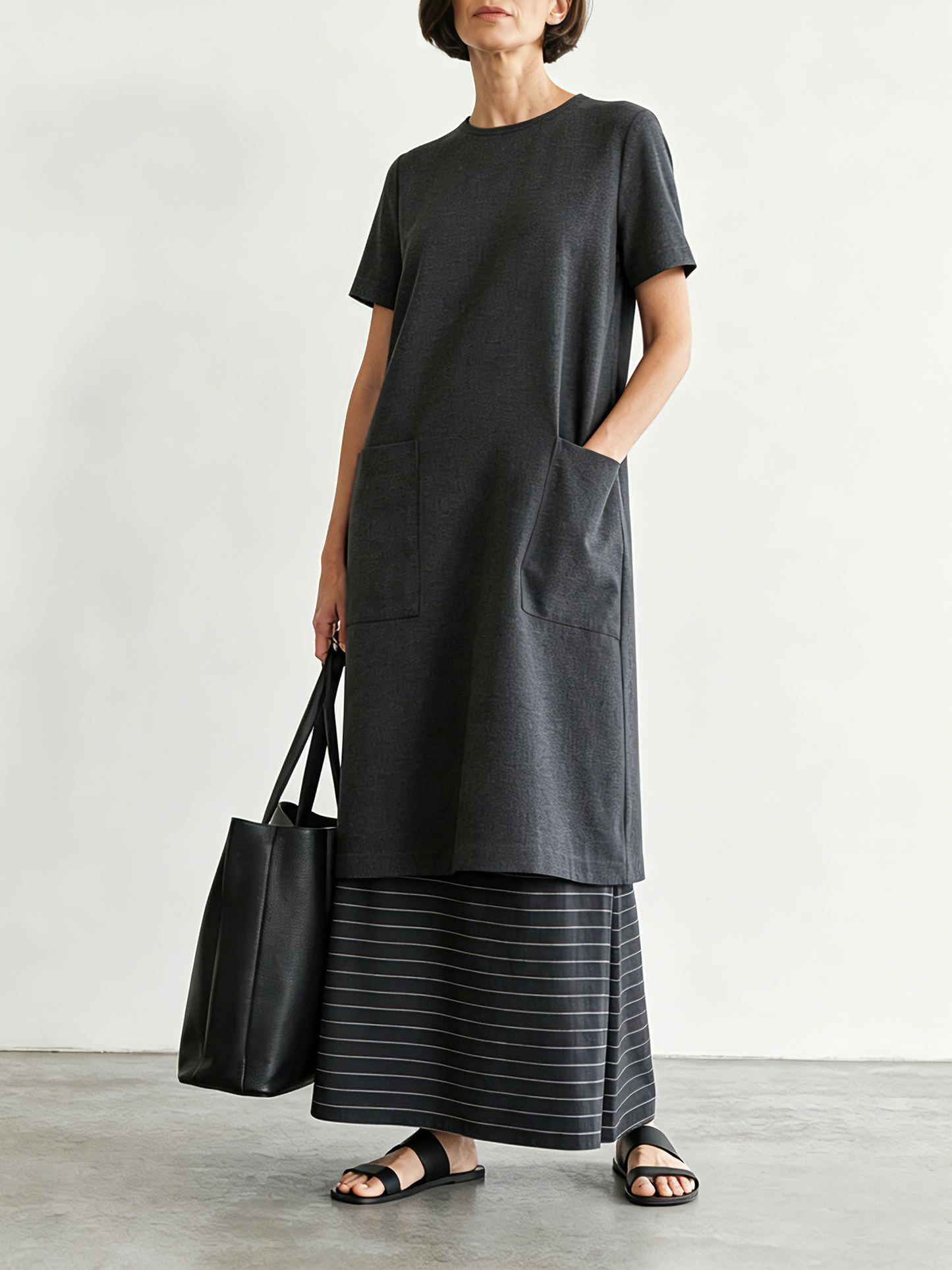 Women's Minimalist Color-Block Striped Short-Sleeve Maxi Dress MDZ3052F9WY