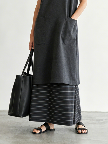 Women's Minimalist Color-Block Striped Short-Sleeve Maxi Dress MDZ3052F9WY