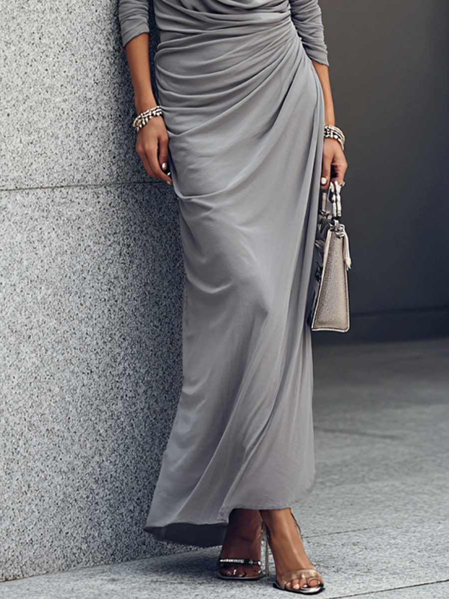 Women's Luxury Workwear Style Mist Grey Cotton Blend Cowl Neck Long Sleeve Side Ruched Maxi Dress MDZ0627G1GMJ