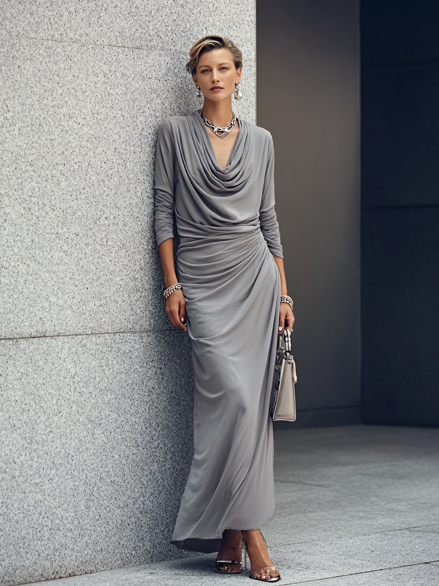 Women's Luxury Workwear Style Mist Grey Cotton Blend Cowl Neck Long Sleeve Side Ruched Maxi Dress MDZ0627G1GMJ