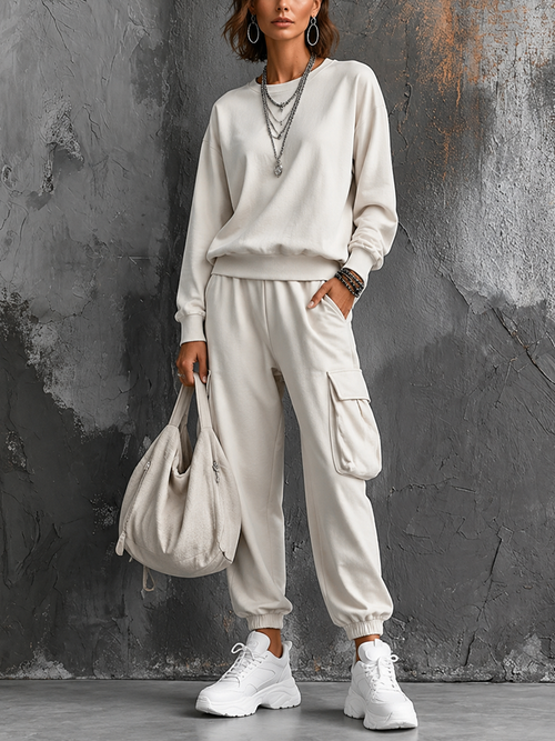 Women's Casual Street Style Off-White Cotton Blend Crew Neck Long-Sleeve Sweatshirt And Cargo Pocket Jogger Pants Set MDZ0630G1GMJ