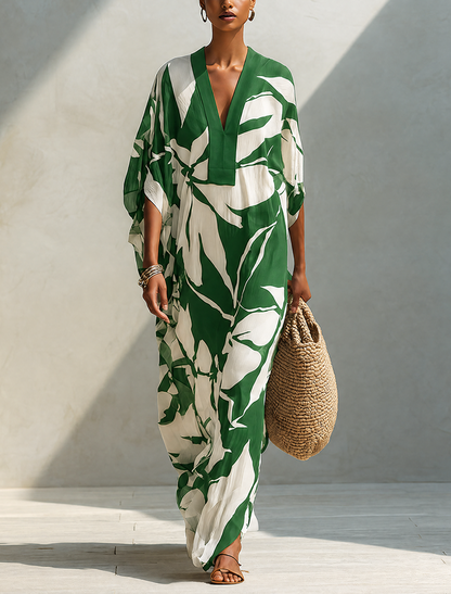 Women's Resort Style White Linen Long Dress With Green Leaf Print MDZ0764G4ZRK