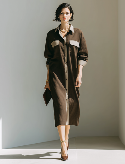 Women's Minimalist Solid Brown & Contrast-Color Linen Midi Shirt Dress MDZ0793G7ZRK