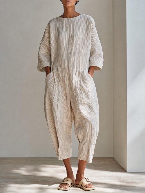 Women's Minimalist Beige Cotton Linen Blend Pinstripe Round Neck Dropped Shoulder Oversized Cropped Jumpsuit MDZ0753G0ZSQ