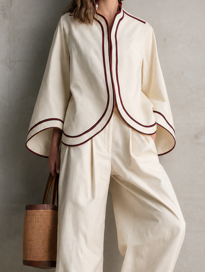 Women's Casual Beige Woven Long-sleeve Jacket And Trousers Set MDZ0748G9LXY