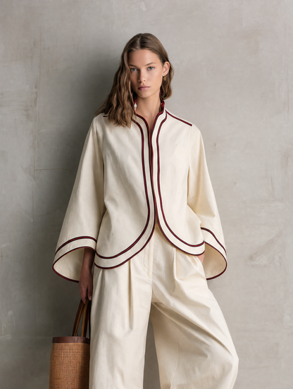 Women's Casual Beige Woven Long-sleeve Jacket And Trousers Set MDZ0748G9LXY