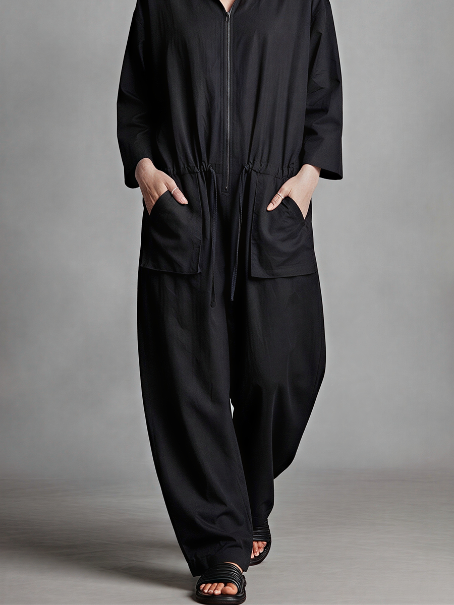 Women's Black Linen Blend Jumpsuit With Hood Full Zip Front & Drawstring Waist, Minimalist Loungewear Oversized Wide Leg Jumpsuit MDZ0710G3LYL