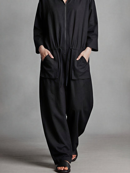 Women's Black Linen Blend Jumpsuit With Hood Full Zip Front & Drawstring Waist, Minimalist Loungewear Oversized Wide Leg Jumpsuit MDZ0710G3LYL
