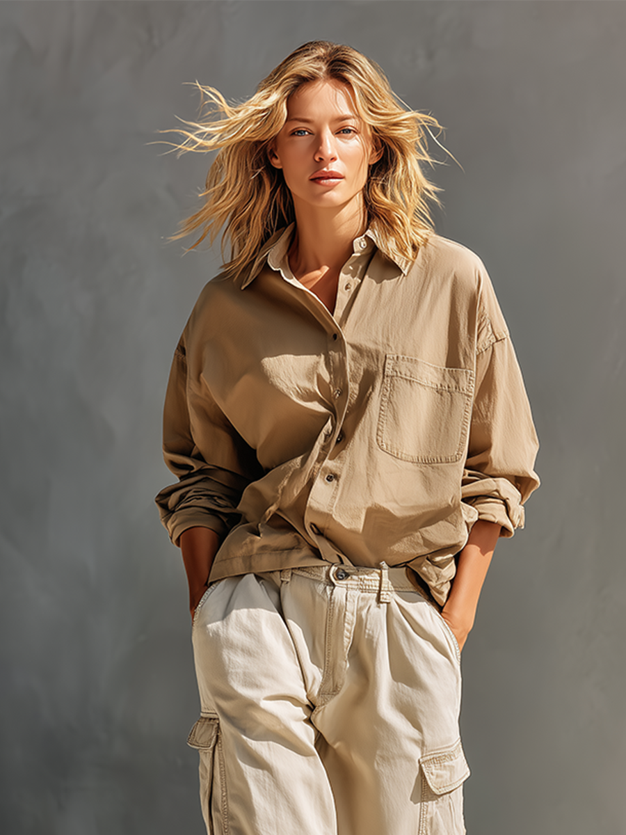 Women's Khaki & Cream Cotton Two-Piece Set With Oversized Chest Pocket Shirt & Multi-Pocket Cargo Jogger Pants, Streetwear Neutral Casual Matching Outfit MDZ0750G3LYL