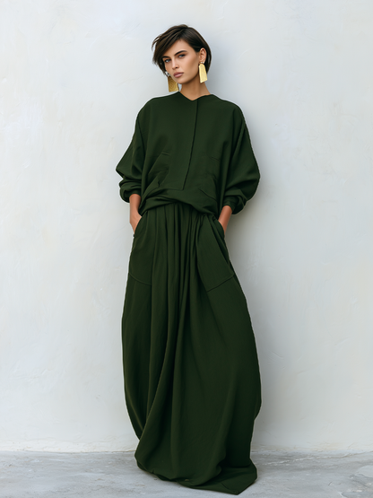 Women's Dark Olive Woven Two-Piece Set With Stand Collar Pocket Blouse & Oversized Drawstring Maxi Skirt, Minimalist Loose Resort Matching Outfit MDZ0781G6LYL