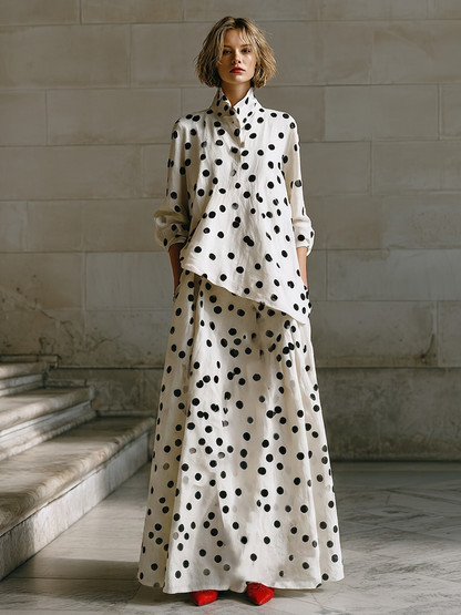 Women's Cream Spot Print Woven Co-Ord With Drop Shoulder Long Sleeve Blouse & Side Pocket Floor-Length Maxi Skirt, Minimalist Daily Casual Two-Piece Set MDZ0748G9LYL