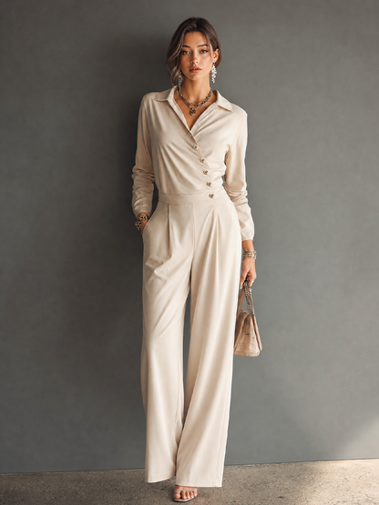 Women's Minimalist Workwear Style Apricot Cotton Blend Lapel Asymmetric Button Long Sleeve High Waist Wide Leg Long Jumpsuit MDZ0746G2GMJ