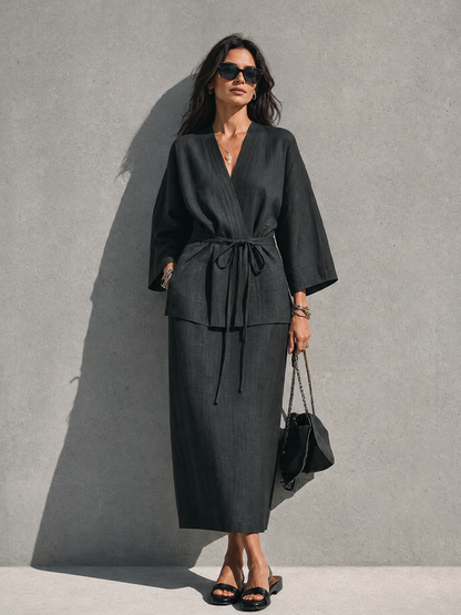 Women's Minimalist Relaxed Style Black Linen Cotton V-Neck 3/4 Sleeve Tie Wrap Top Midi Skirt Set MDZ0733G7GMJ
