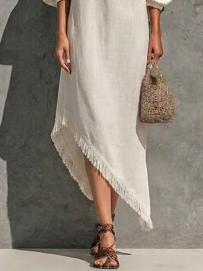 Women’s Off White Cotton-linen Blend Off The Shoulder Elastic Neck Puff Cuffed Sleeve Asymmetrical Fringe Hem Maxi Dress MDZ0777G7YZJ