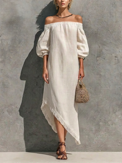 Women’s Off White Cotton-linen Blend Off The Shoulder Elastic Neck Puff Cuffed Sleeve Asymmetrical Fringe Hem Maxi Dress MDZ0777G7YZJ