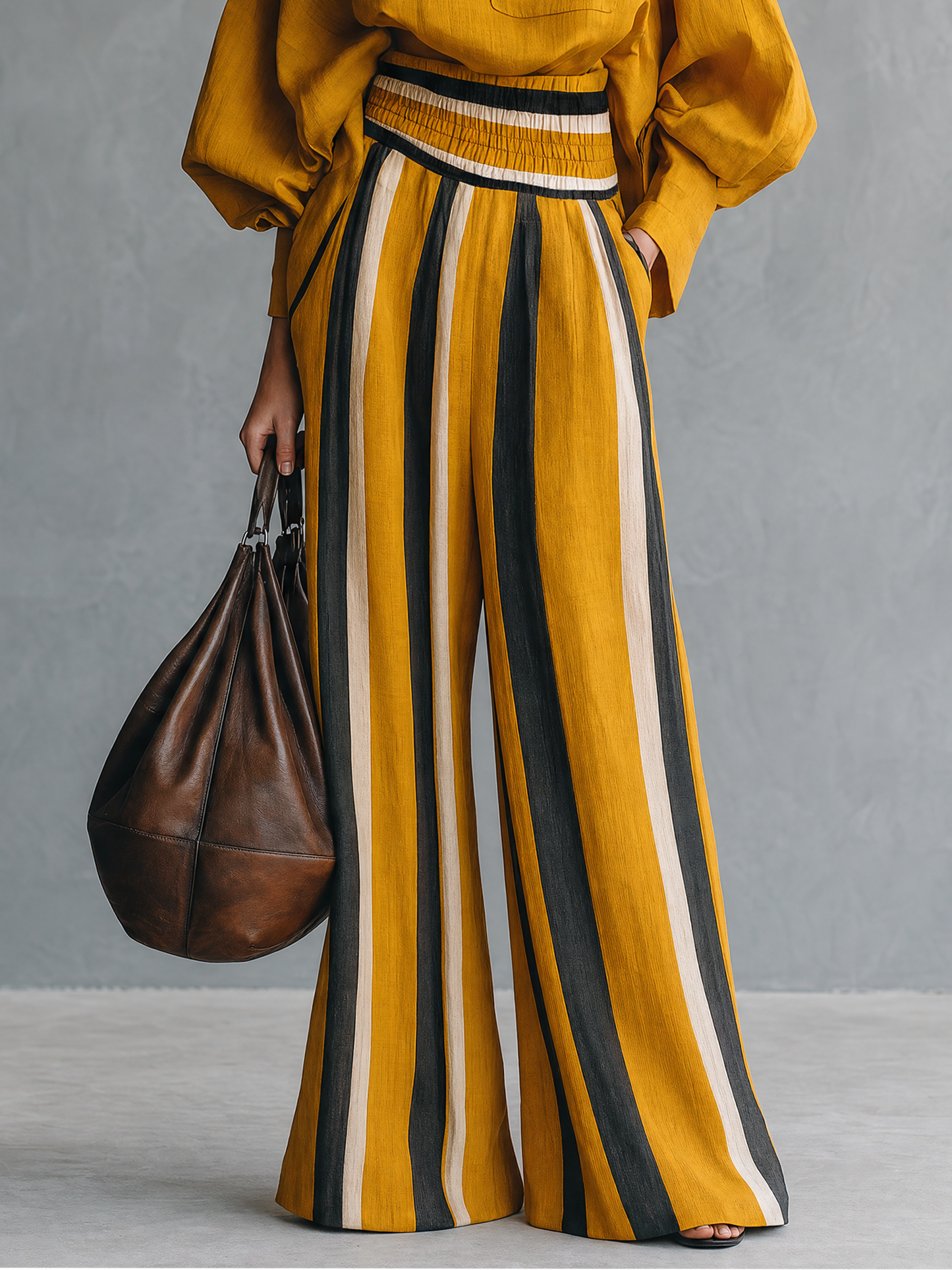 Women's Minimalist Linen-Blend Mock-Neck Lantern-Sleeve Blouse And Striped Print Trouser Set MDZ0824G8WY
