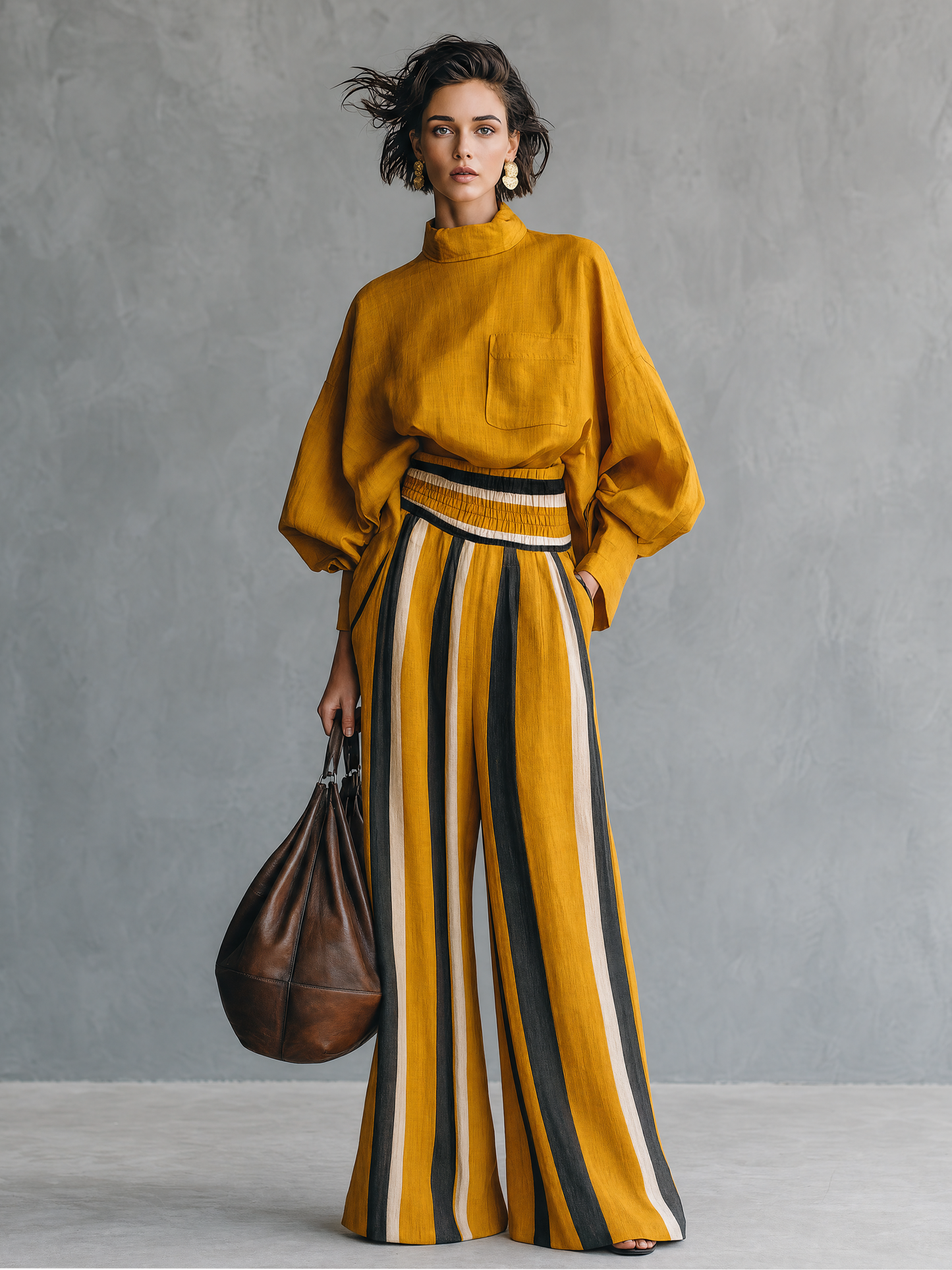 Women's Minimalist Striped Color-Block Print Wide-Leg Trousers MDZ0839G1WY