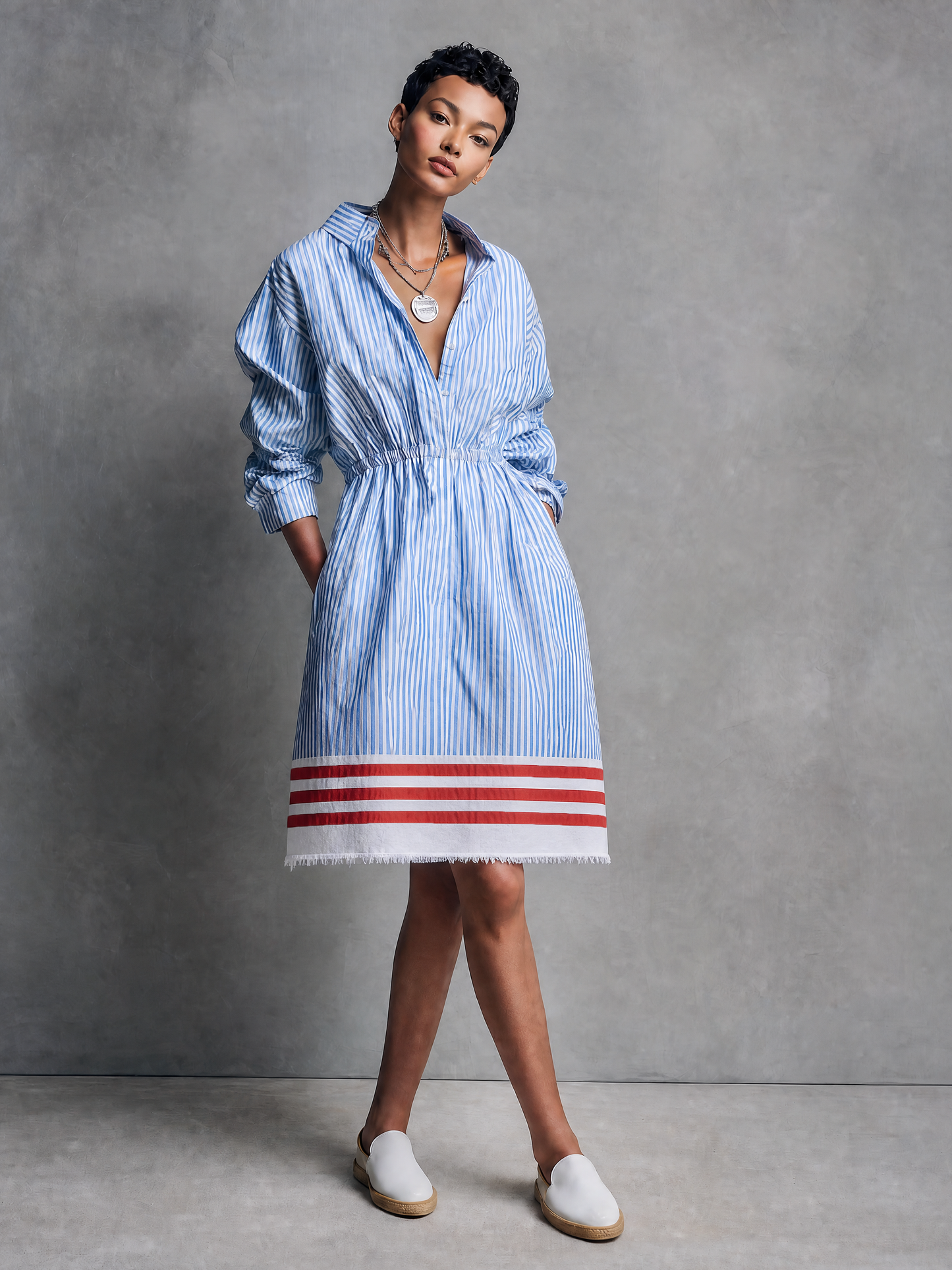 Women's Minimalist Striped Single-Breasted Long-Sleeve Midi Dress With Elastic Waist And Raw Hem MDZ0848G1WY