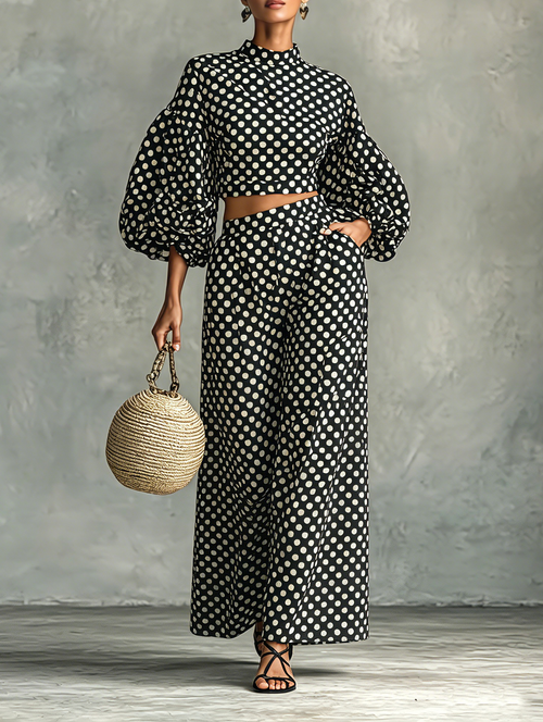 Women's Minimalist Polka-Dot Lantern-Sleeve Blouse And Wide-Leg Pants Set MDZ0967G6WY