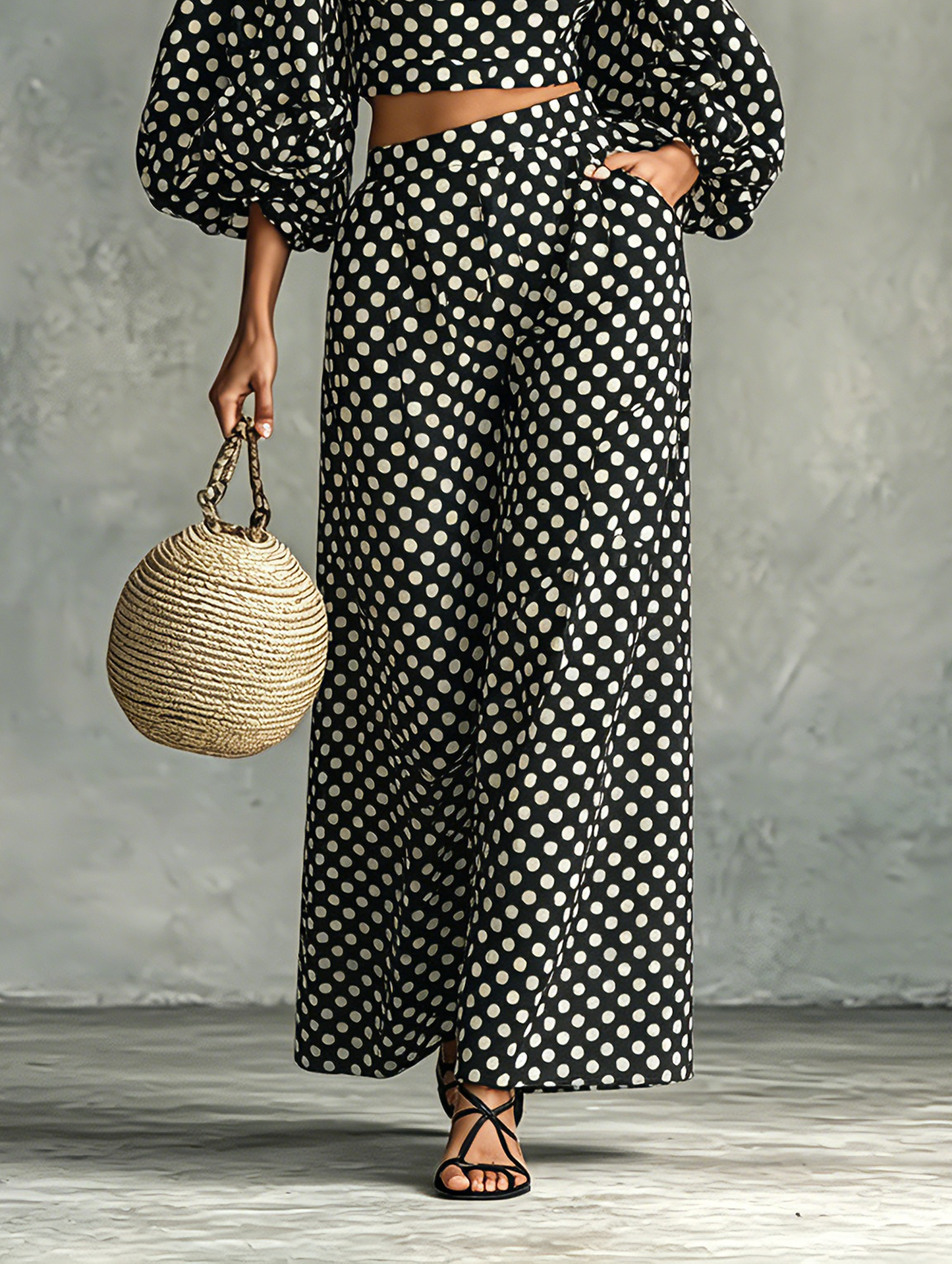 Women's Minimalist Polka-Dot Lantern-Sleeve Blouse And Wide-Leg Pants Set MDZ0967G6WY