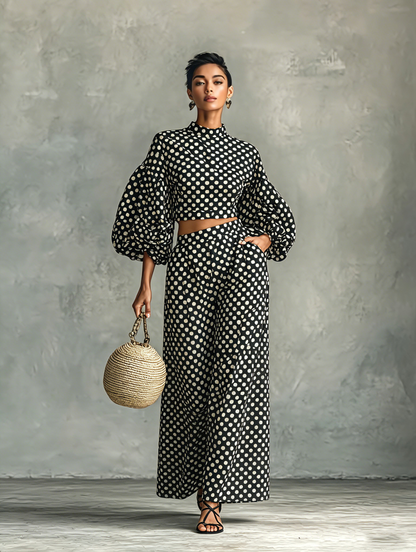 Women's Minimalist Polka-Dot Lantern-Sleeve Blouse And Wide-Leg Pants Set MDZ0967G6WY