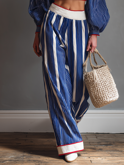 Women's Casual Striped Long-Sleeve Blouse And Straight-Leg Pants Set MDZ0920G9WY