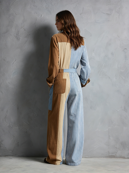 Women's Casual Long-Sleeve Jumpsuit With Woven Panel Detail MDZ0992G6LXY