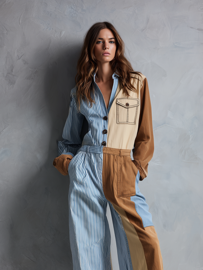 Women's Casual Long-Sleeve Jumpsuit With Woven Panel Detail MDZ0992G6LXY