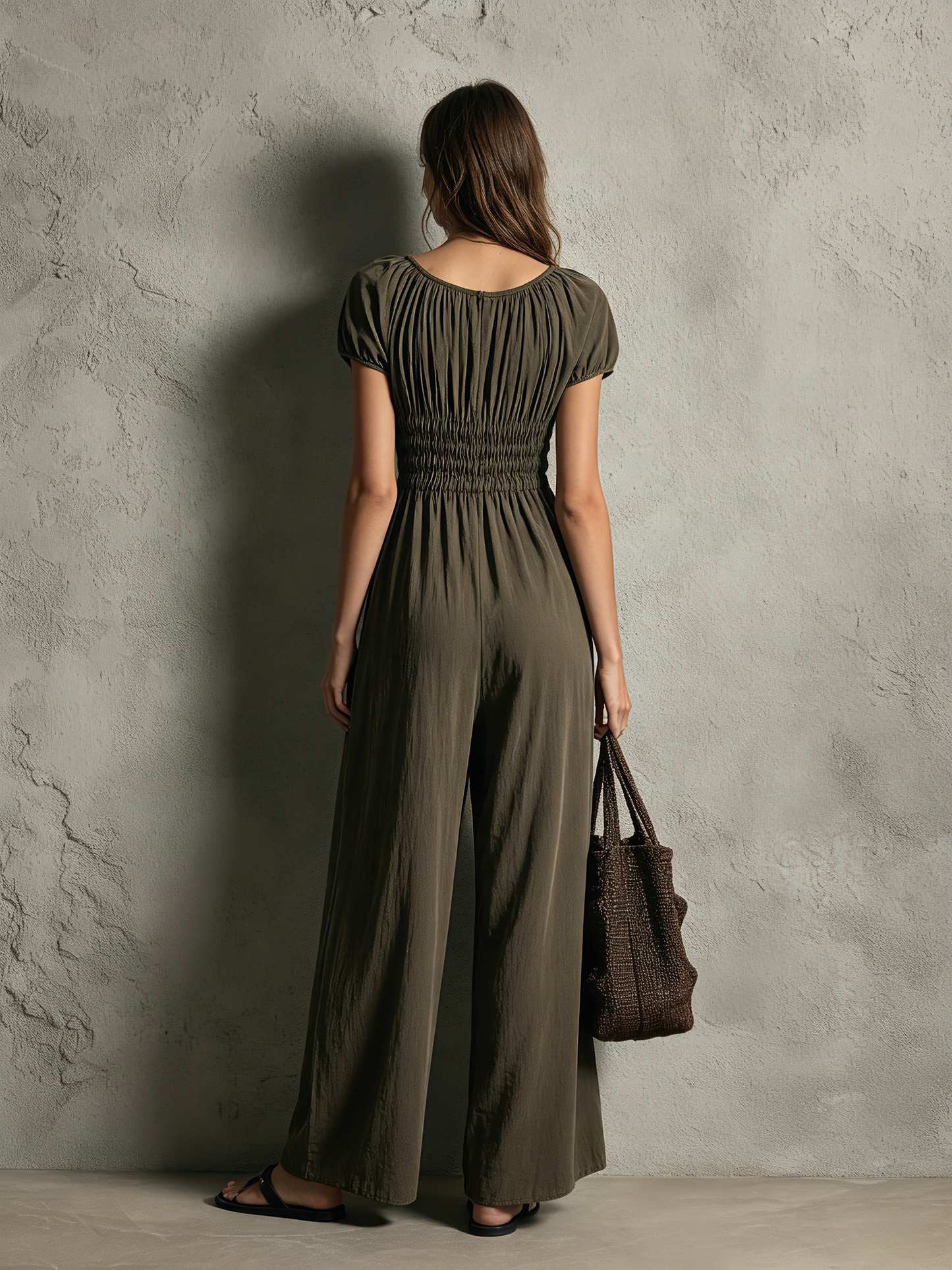 Women's Casual Dark Green Woven Short-sleeve Crew-neck Jumpsuit MDZ0978G8LXY