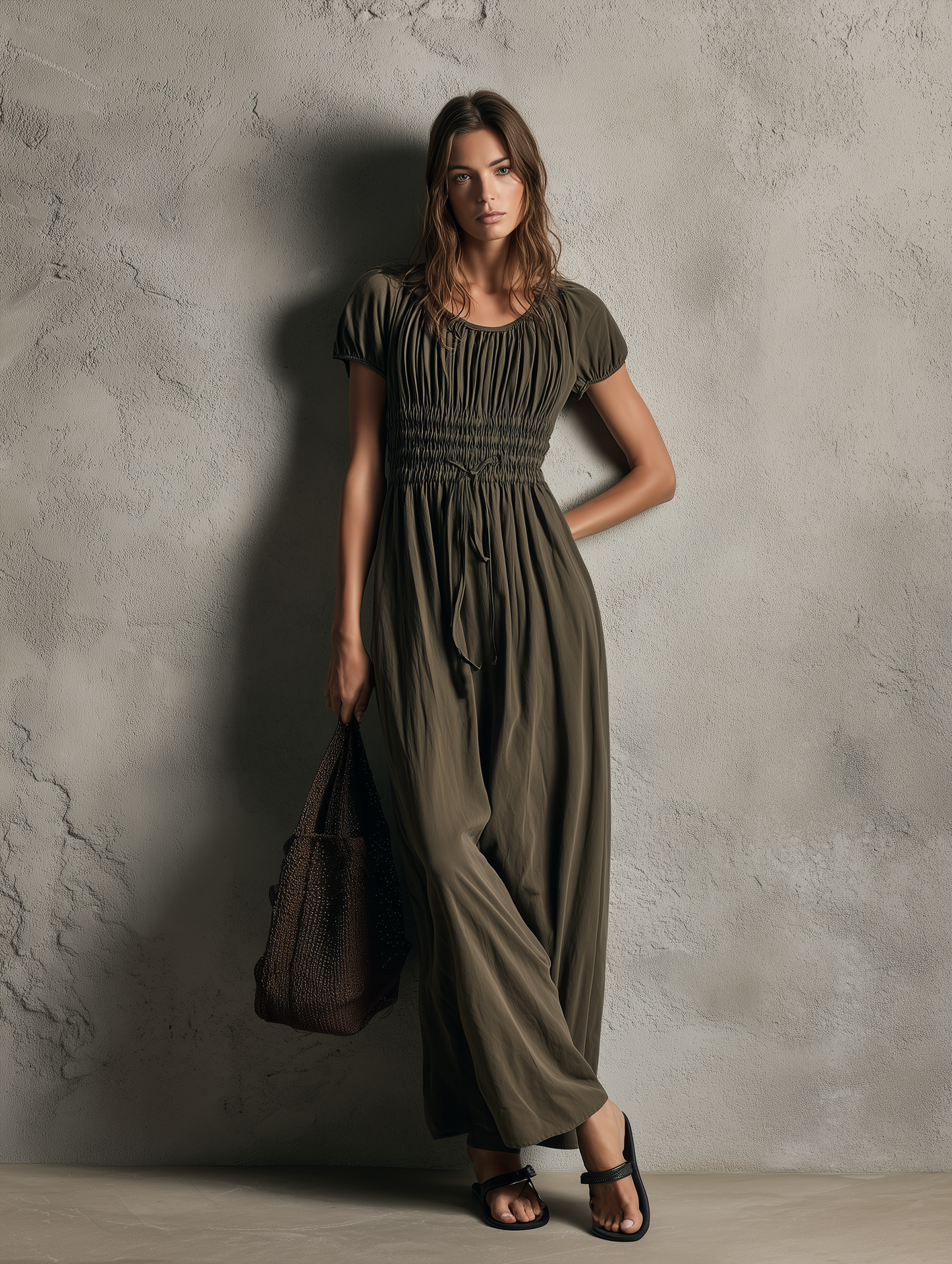 Women's Casual Dark Green Woven Short-sleeve Crew-neck Jumpsuit MDZ0978G8LXY