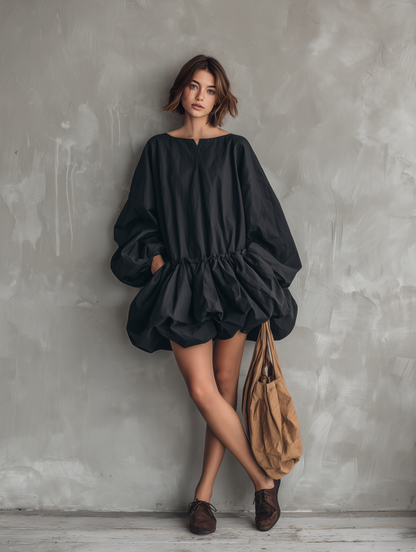 Women's Casual Black Long-sleeve Mini Dress With A Round Neck And Tulip Skirt MDZ0922G5LXY
