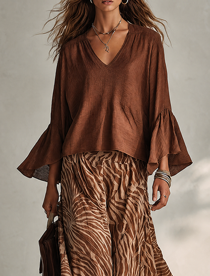 Women's Minimalist Cotton-Linen Blend V-Neck Flared-Sleeve Top &amp; Zebra-Print Skirt Two-Piece Set MDZ0940G0ZRK