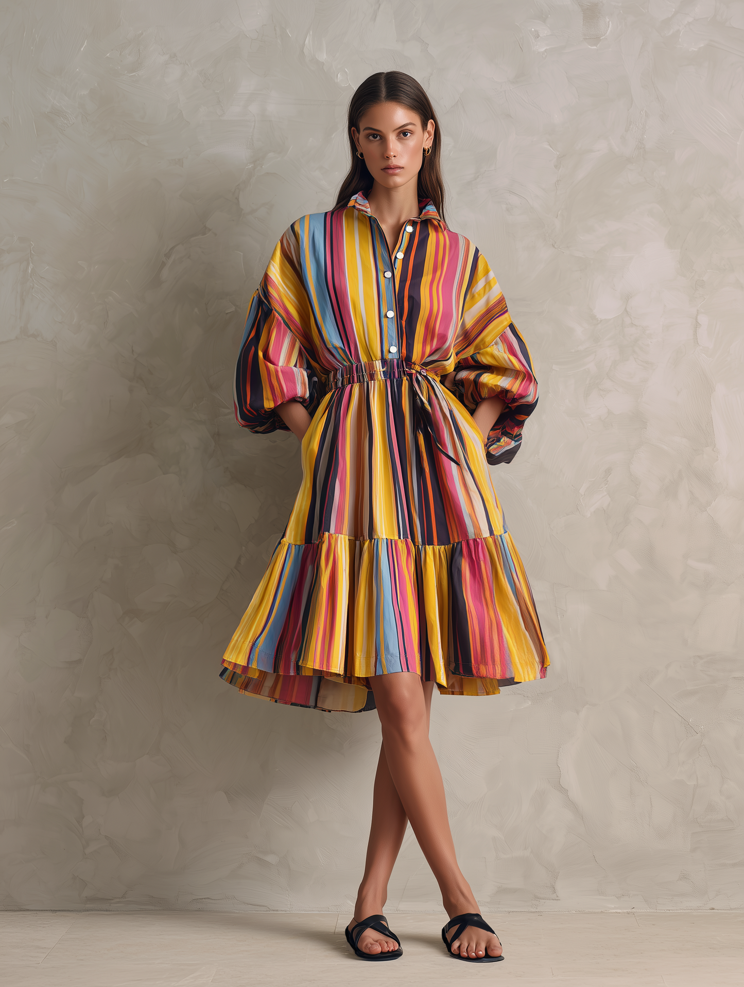 Women's Casual Woven Midi Dress With Colorful Print And 3/4 Sleeves MDZ0973G1LXY