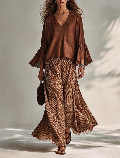 Women's Stylish Brown Zebra-Print Flowy Maxi Skirt MDZ0987G3ZRK