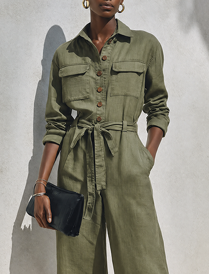 Women's Minimalist Linen-Blend Long-Sleeve Wide-Leg Jumpsuit MDZ0980G6ZRK