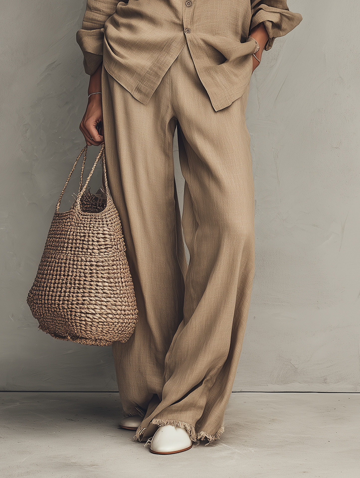 Women's Minimalist Long-Sleeve Shirt And Wide-Leg Pants Set With Raw Hems MDZ0934G8WY