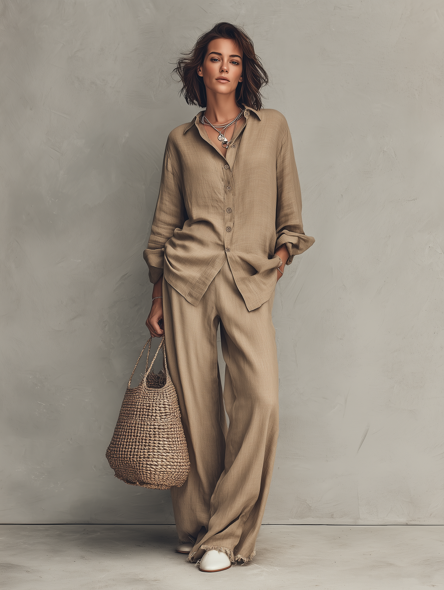 Women's Minimalist Long-Sleeve Shirt And Wide-Leg Pants Set With Raw Hems MDZ0934G8WY