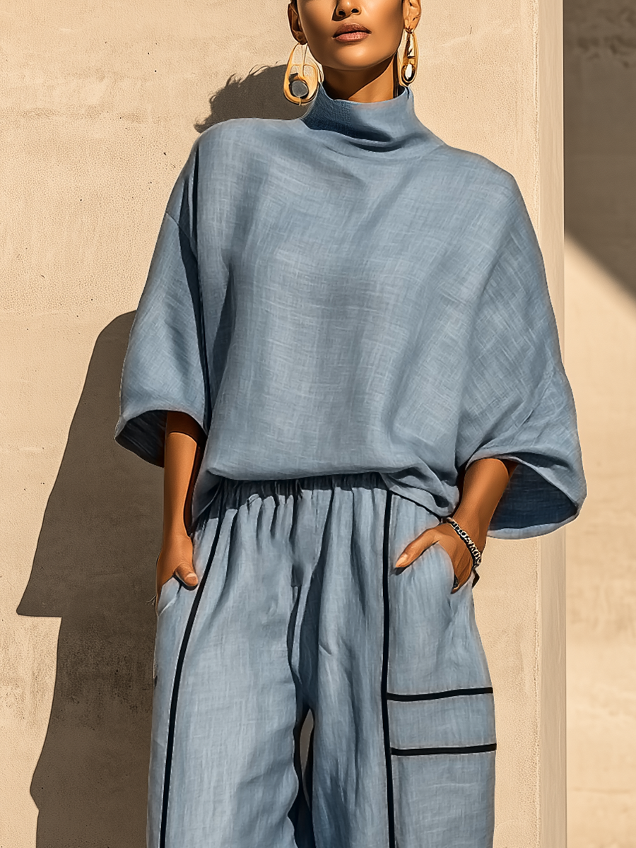 Women's Dusty Blue Linen Turtleneck Three Quarter Sleeve Top Contrast Stripe Drawstring Wide Leg Pants Two Piece Set MDZ0964G5YZJ