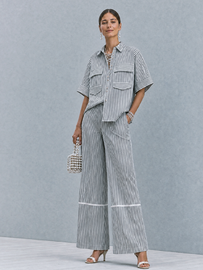 Women's Commuter Casual Black And White Vertical Stripe Cotton Blend Lapel Patch Pocket Wide Leg Trousers Two Piece Set MDZ0902G5GMJ