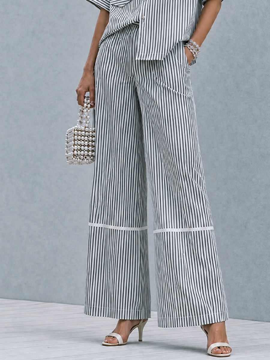 Women's Commuter Casual Black And White Vertical Stripe Cotton Blend Lapel Patch Pocket Wide Leg Trousers Two Piece Set MDZ0902G5GMJ