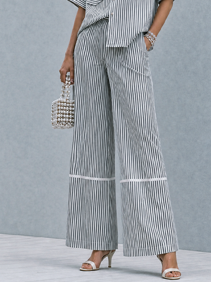 Women's Commuter Casual Black And White Vertical Stripe Cotton Blend Lapel Patch Pocket Wide Leg Trousers Two Piece Set MDZ0902G5GMJ