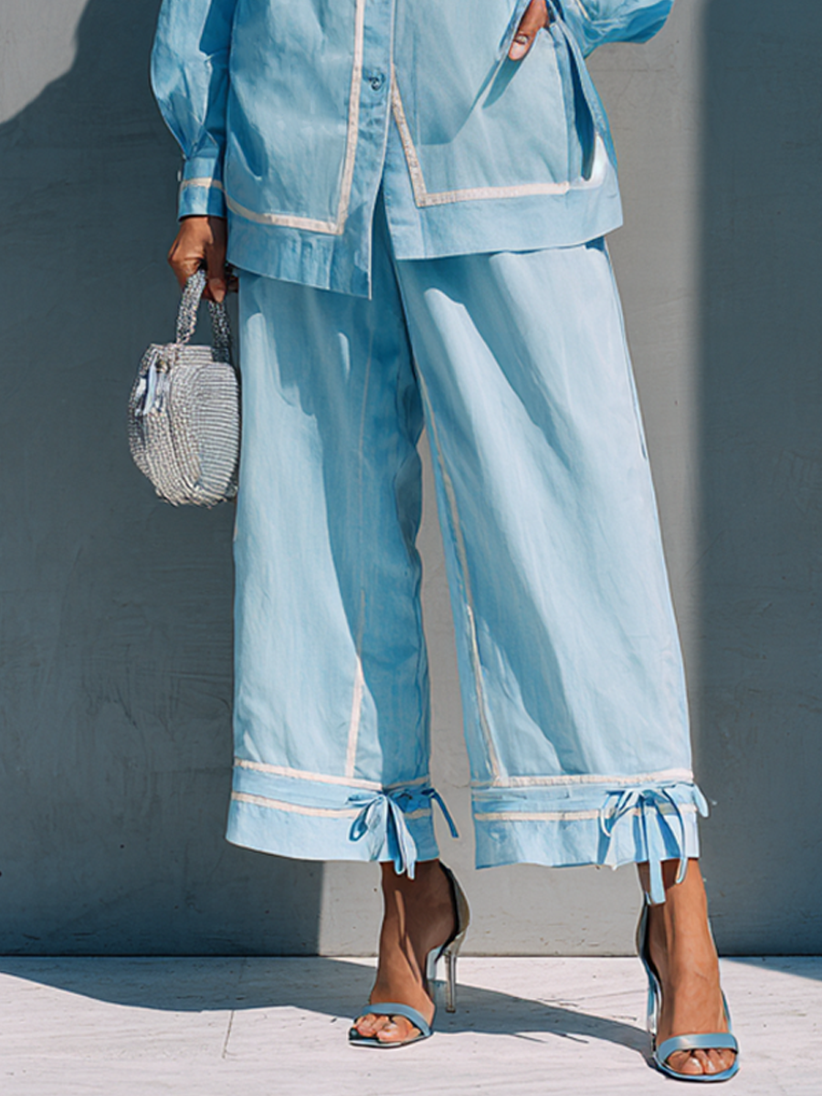 Women's Casual Vacation Light Blue Cotton Blend Contrast Binding Strap Cropped Wide Leg Pants Two Piece Set MDZ0928G6GMJ