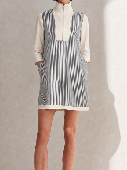 Women's Minimalist Black And White Stripe Cotton Blend High Neck Zip Front Contrast Panel Mini DressMDZ1079G4ZSQ